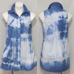 Premise Sleeveless Tie Dye Chambray Denim Button Up Tunic Top Small Boho Coastal